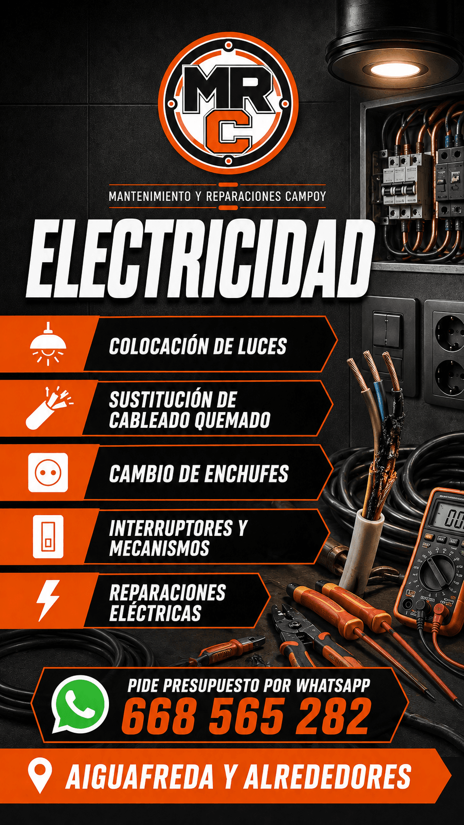 Cartel ilustrativo del servicio de electricidad e iluminación de MRC